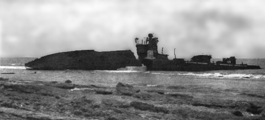 A destroyed Japanese patrol boat (#33) on Wake Island.